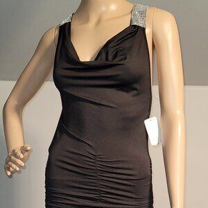 Sexy Women Black Mini Stretch Backless Dress with Rhinestone Accent Small N7872
